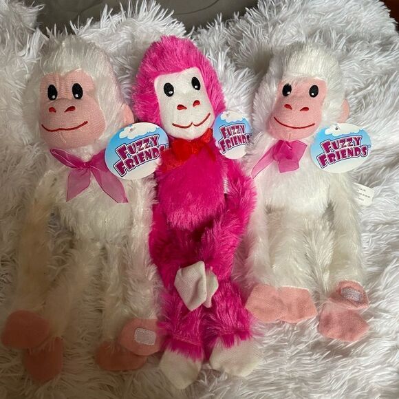 *NWT* (3) Fuzzy Friends Monkeys w/ Velcro Hands: (2) White (1) Hot Pink - Picture 1 of 5